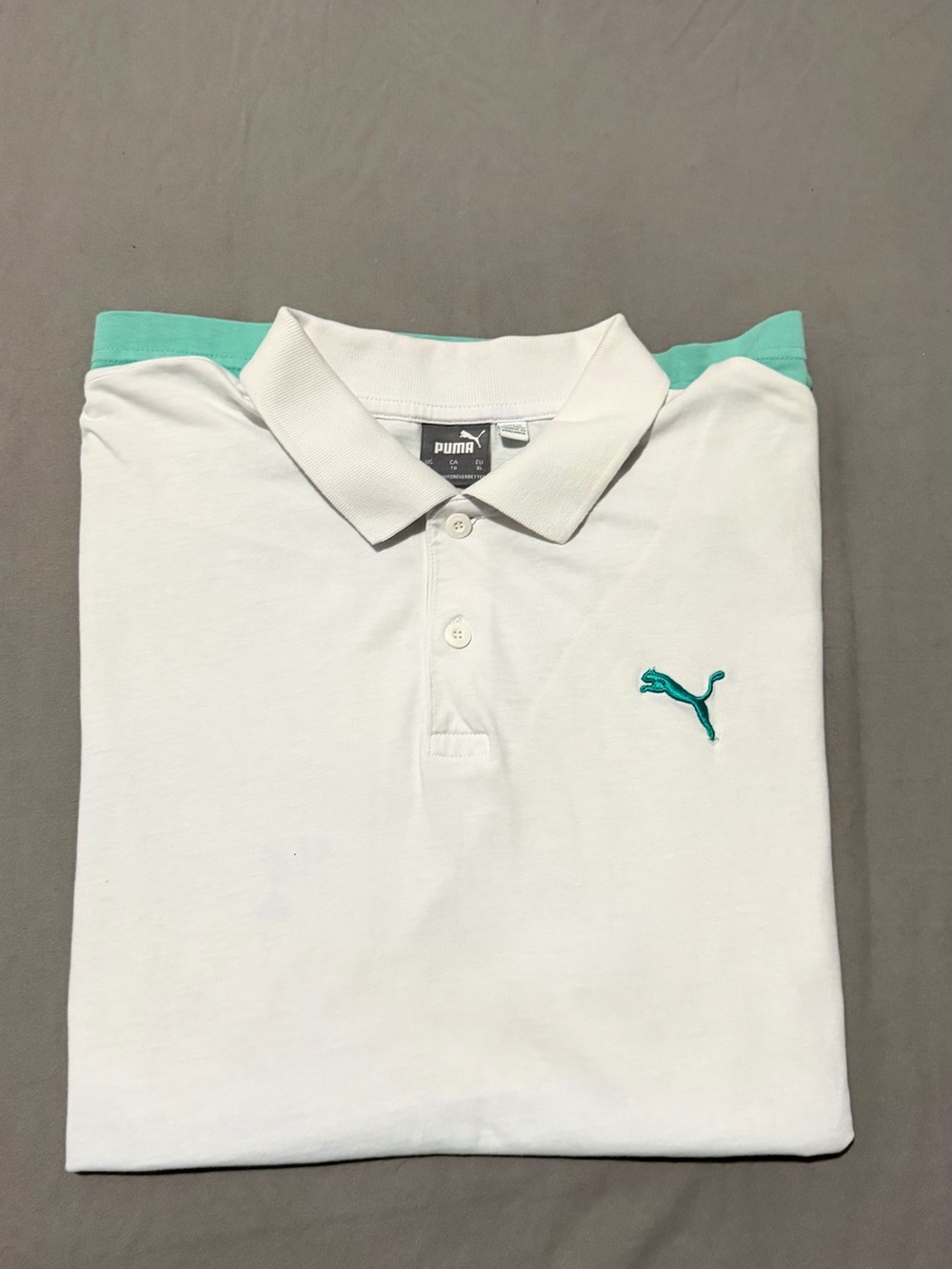 Puma White Polo with Teal Logo and Collar Trim